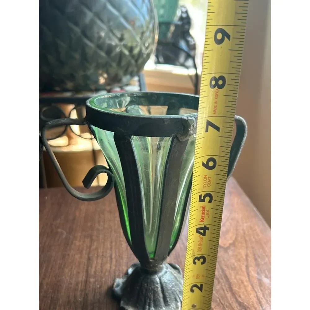 2 Caged Iron Hand-Blown Green Glass Urn Vase gothic medieval rustic